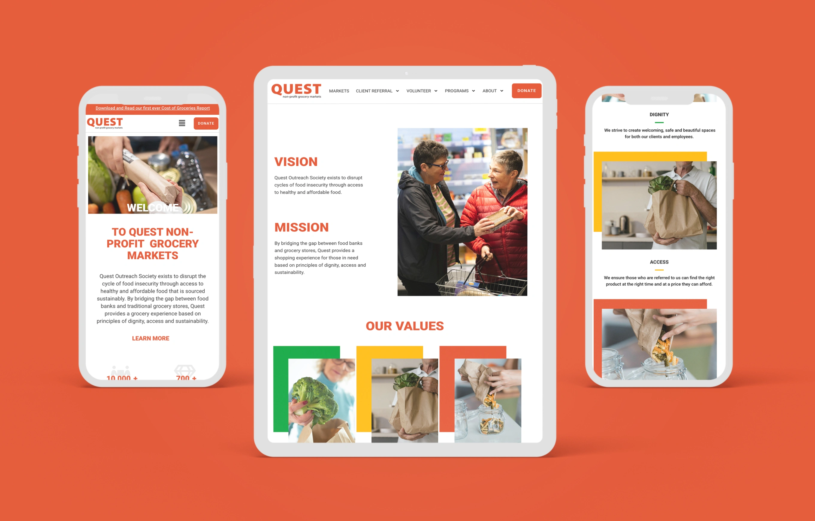 three device mockup showcasing different pages of the Quest website on two mobile screens and one iPad