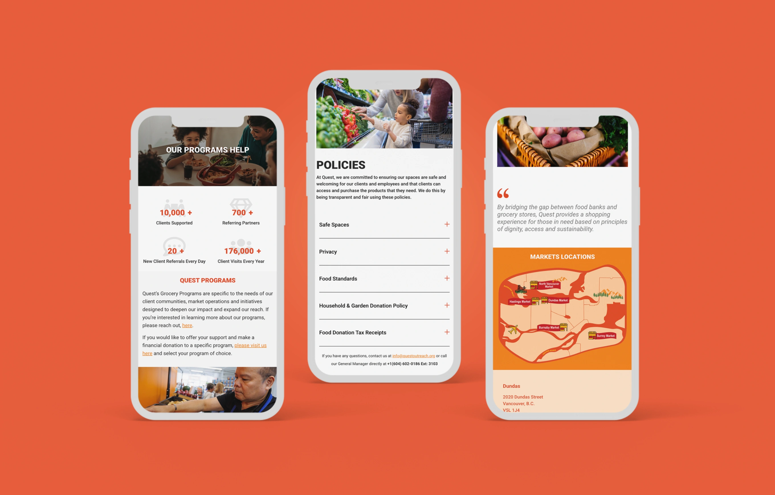 Three mobile phones displaying different pages of the Quest website