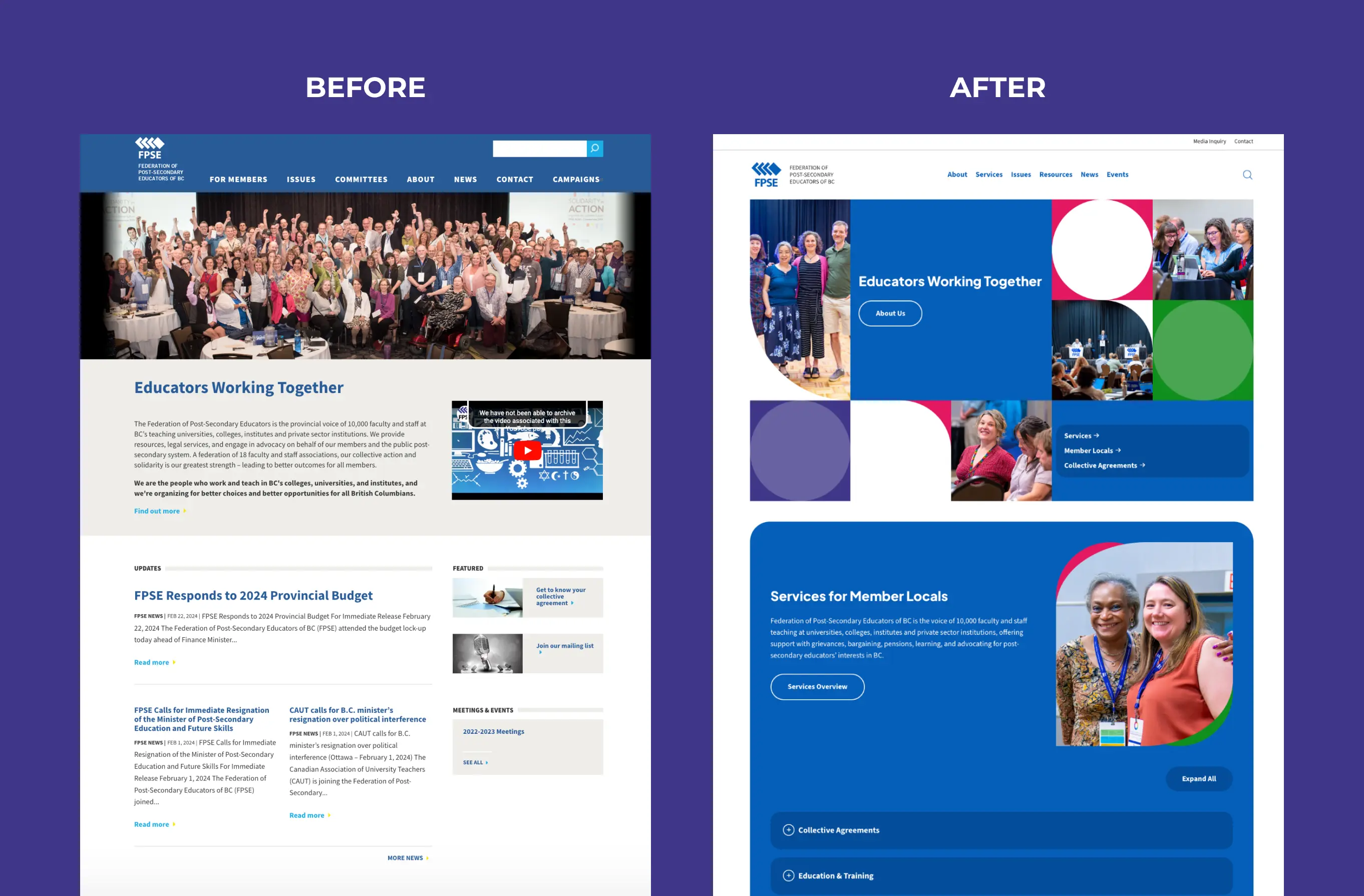 Comparing the FPSE website design before and after