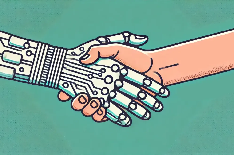 Iconic illustration of robot hand shaking with human hand