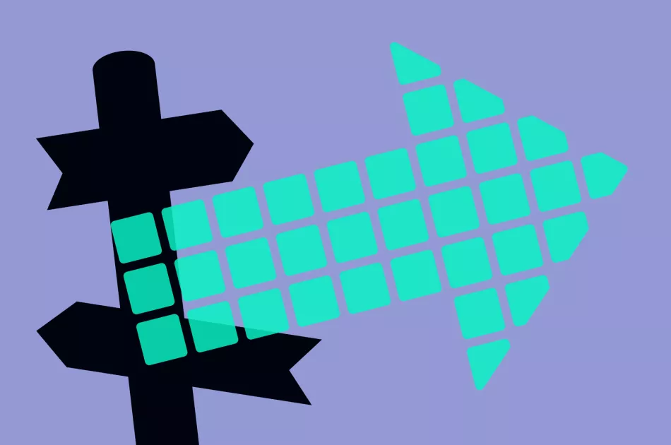 Black signpost with a large turquoise arrow made from small squares, on a purple background