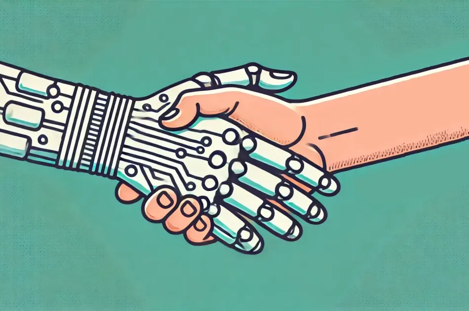 Iconic illustration of robot hand shaking with human hand