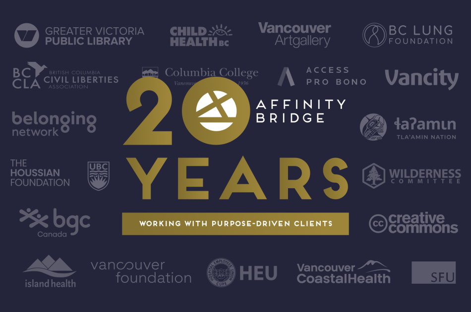 "Celebrating 20 years of Affinity Bridge, the image features a dark background with logos of various organizations. Text reads 'Working with purpose-driven clients' in gold and white."
