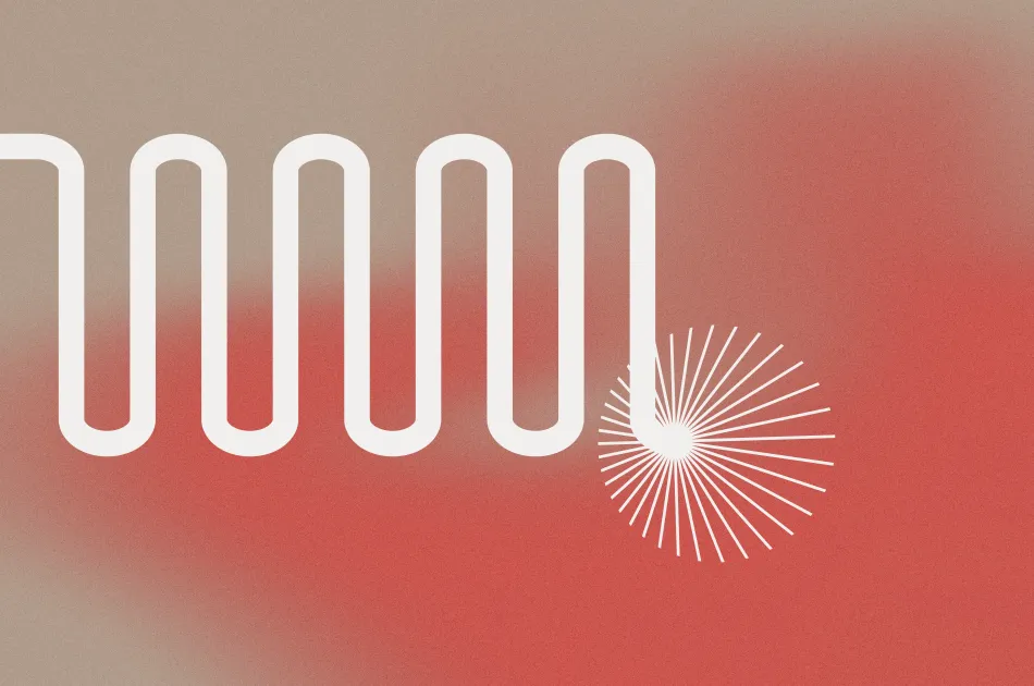 An abstract design of a continuous wave with a sparkle at the end. Portrayed on a warm coloured gradient