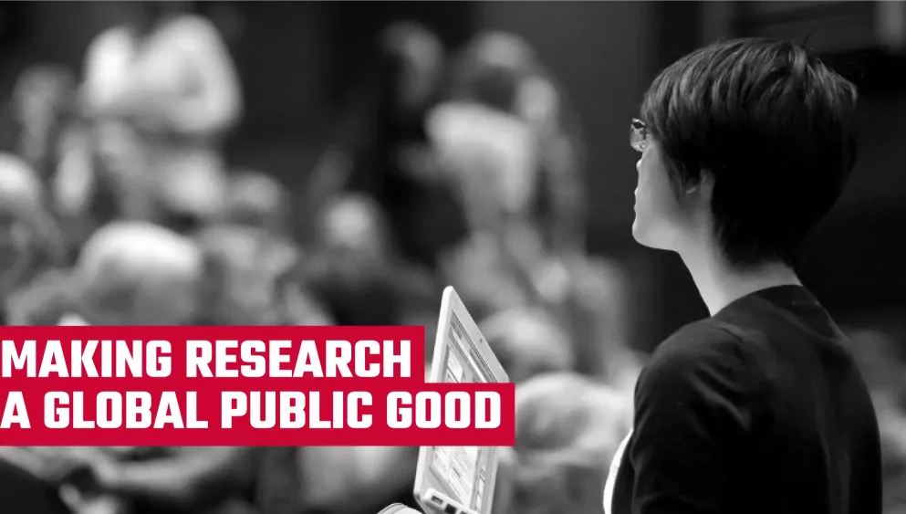 a woman is giving a lecture to a crowd, and there are words written on the picture that say "making research a global public good"