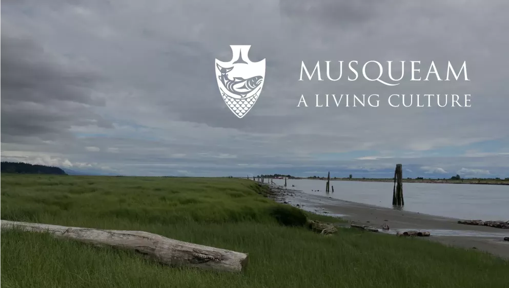 An image featuring a shore landscape with the Musqueam A Living Culture logo positioned in the top right.