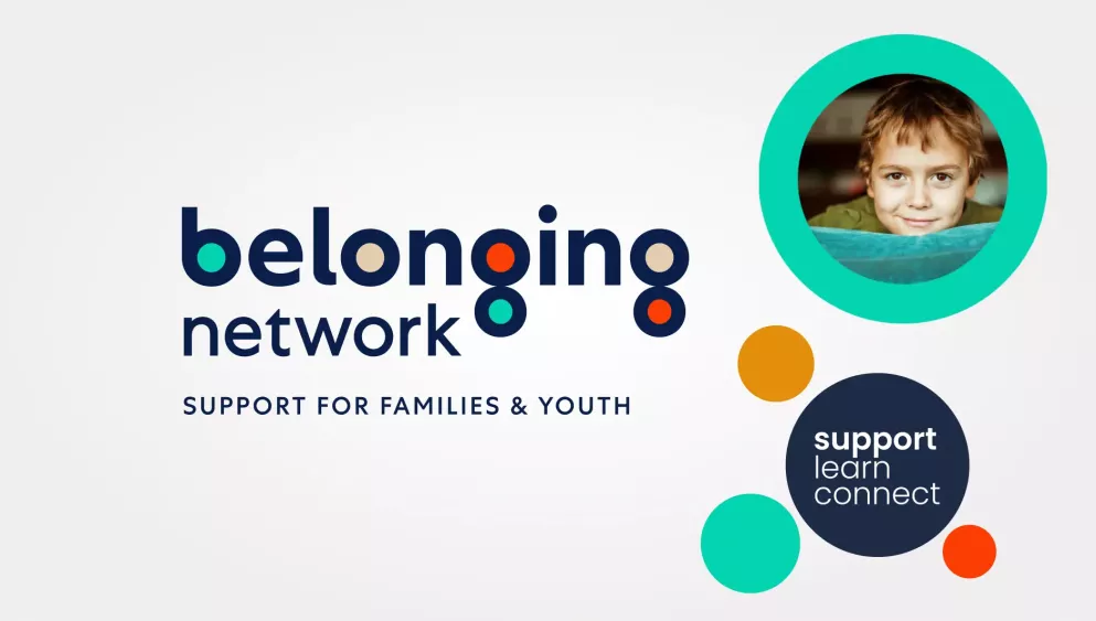 The Belonging Network logo with dots and an image of a little boy