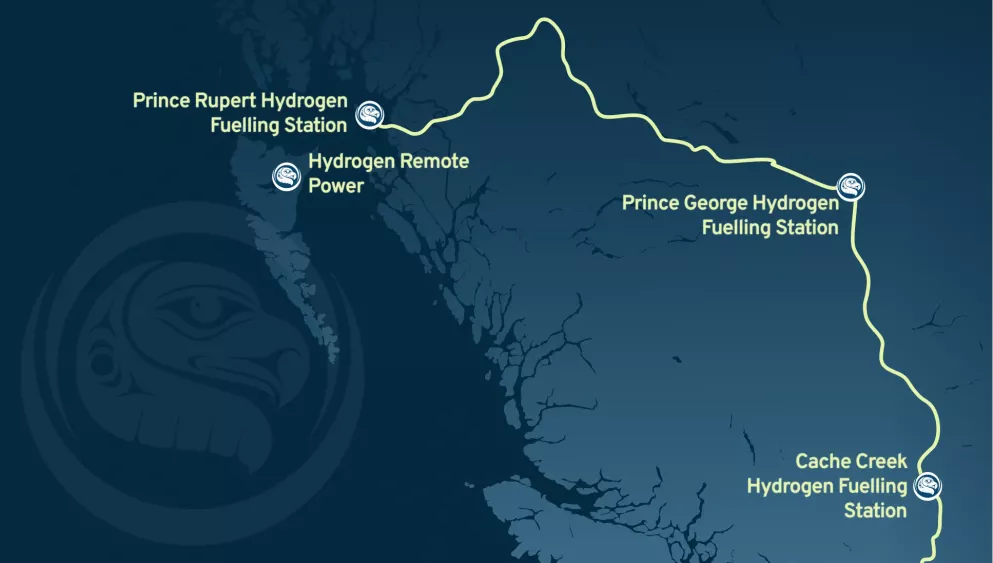 A map showing a route featuring 4 hydrogen fuelling stations in British Columbia
