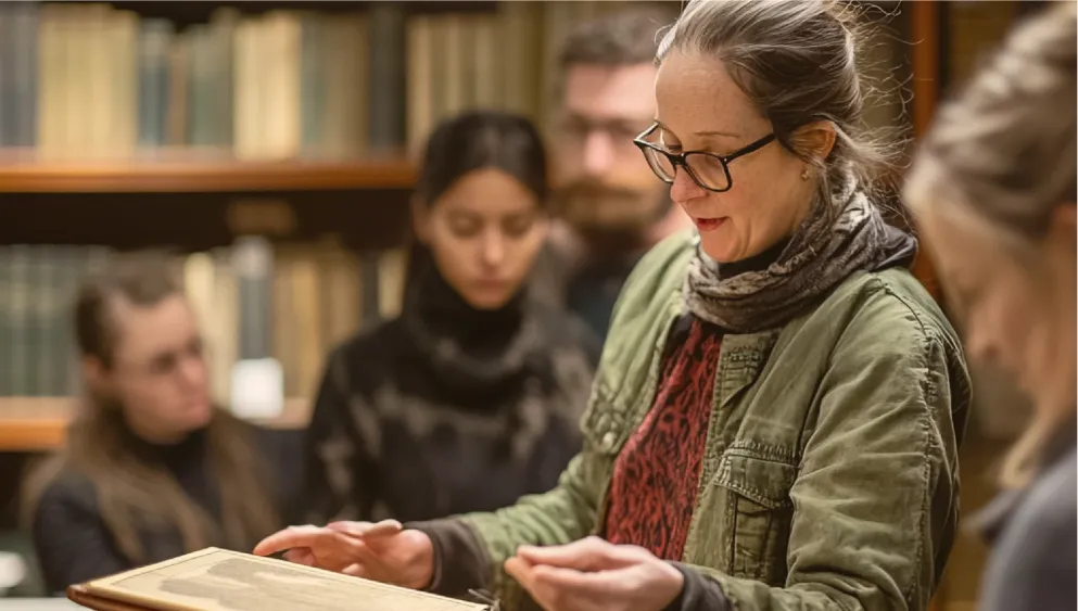 librarian guiding a group through a special collections