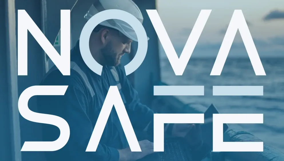 Nova Safe logo with background image of ship worker