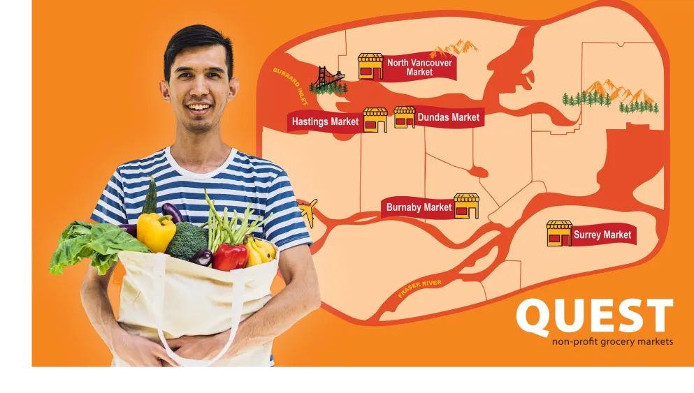 Image of man holding groceries in front of map showing all the Quest market locations
