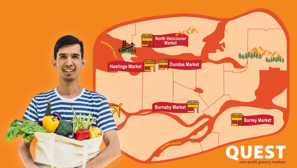 Image of man holding groceries in front of map showing all the Quest market locations