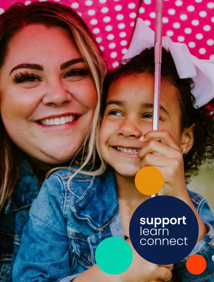 A photo of a woman and her daughter holding a polka dot umbrella, with some branded elements such as colored circles and the words "Support," "Learn," "Connect."