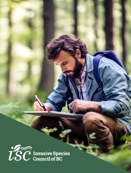 A white man conducting invasive species research is writing in the woods, with the Invasive Species Council of BC logo in the bottom left corner.