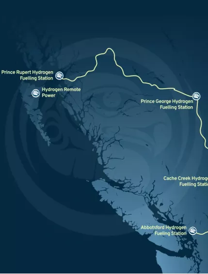 A map showing a route featuring 4 hydrogen fuelling stations in British Columbia