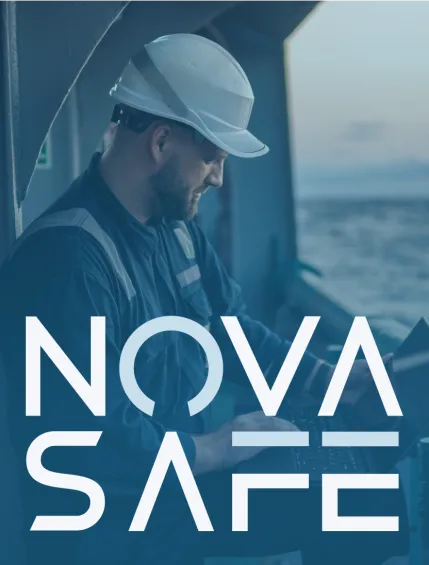 Nova Safe logo with background image of ship worker