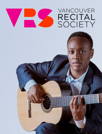 Photo of a man playing guitar next to the Vancouver Recital Society logo