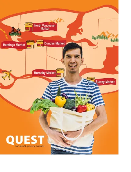Image of man holding groceries in front of map showing all the Quest market locations