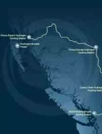 A map showing a route featuring 4 hydrogen fuelling stations in British Columbia