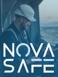 Nova Safe logo with background image of ship worker