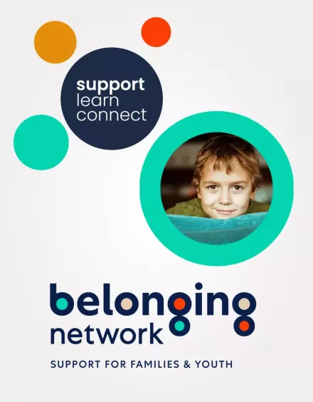 The Belonging Network logo with dots and an image of a little boy