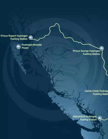 A map showing a route featuring 4 hydrogen fuelling stations in British Columbia