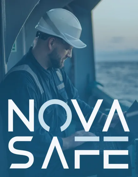 Nova Safe logo with background image of ship worker