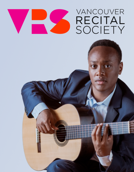 Photo of a man playing guitar next to the Vancouver Recital Society logo