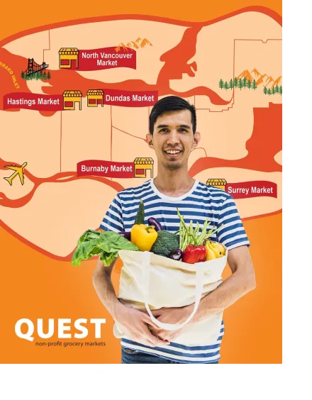 Image of man holding groceries in front of map showing all the Quest market locations